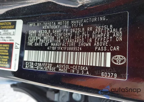2015 Toyota Camry Le/Xle/Se/Xse from USA, damaged, VIN 4T1BF1FK1FU889524